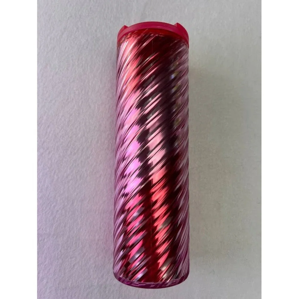 Starbucks Tumbler‎ 16oz Pink Red 2022 Holiday Metallic Spiral Travel Mug
